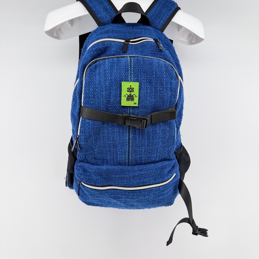 Dime Bags Hemp Blend Backpack Unisex Blue Boho Robot Patch Eco Friendly Bag